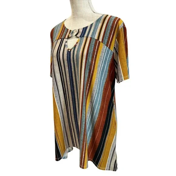 Ellen Weaver Striped Short-Sleeve Top With Keyhole & Ring Detail XL - Picture 2 of 7